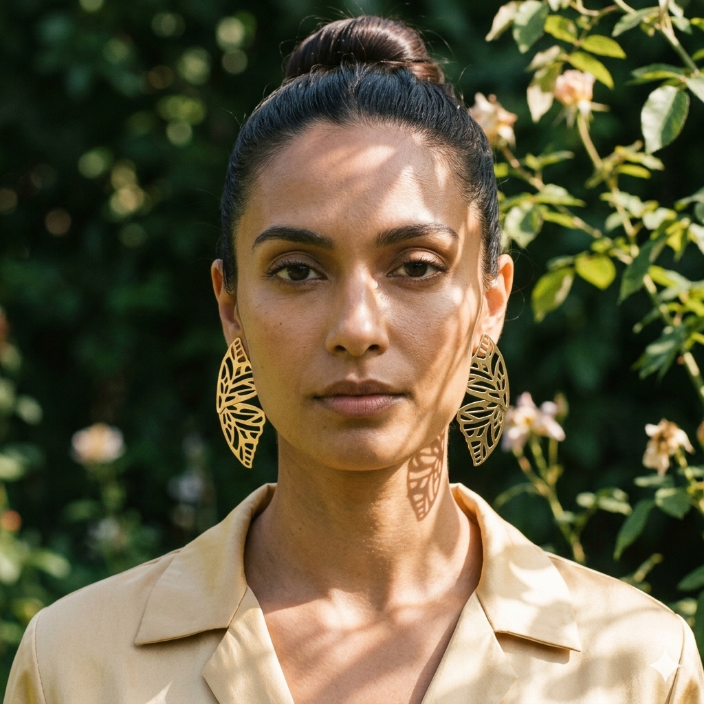 Close-up of Yugavi Vihanga Earrings — intricate gold cutout vein lattice pattern on large butterfly wing stud earring detail