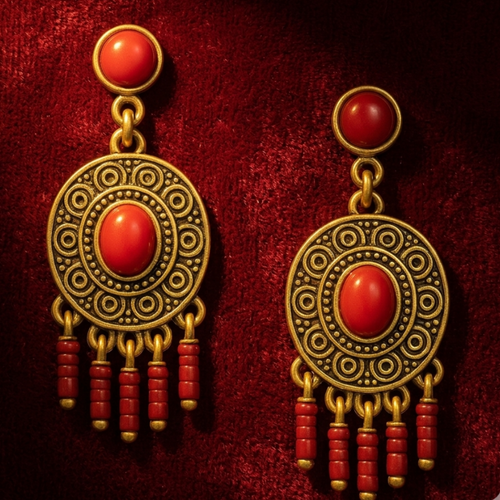 Ornate earrings with red stones on a red textured background