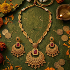 Close-up of Yugavi antique gold filigree chandbali pendant with ruby red cabochon stone and rosette latticework, alongside matching earrings — traditional Indian bridal jewellery by House of Yugavi