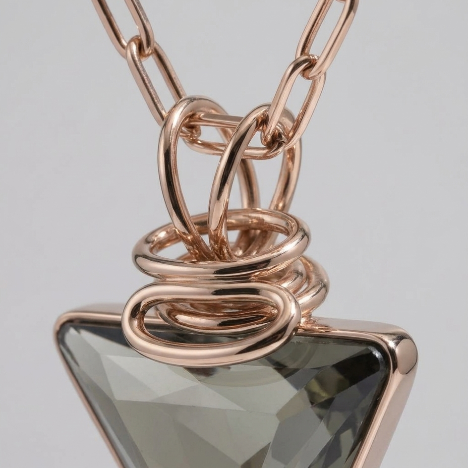 Close-up of a geometric triangle pendant necklace with a faceted smoky gray gemstone and rose gold chain and wrapping details, set against a light gray background.