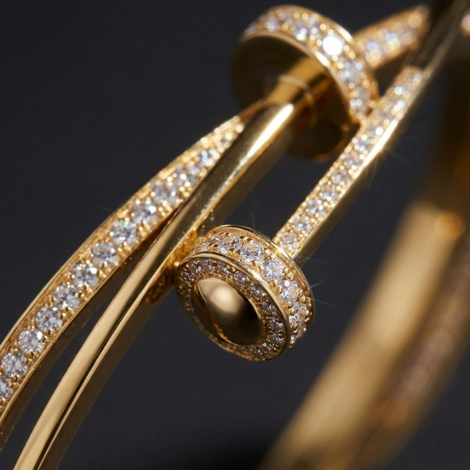 Close-up of a gold bangle bracelet featuring pavé-set clear stones and a central round gold cabochon, photographed against a dark background.