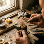 Close-up of a jeweler's hands working at a wooden workbench, using a torch and tools to craft a ring. Gold wire coils, a small metal bowl, and brass tools are visible on the rustic workbench near a window.