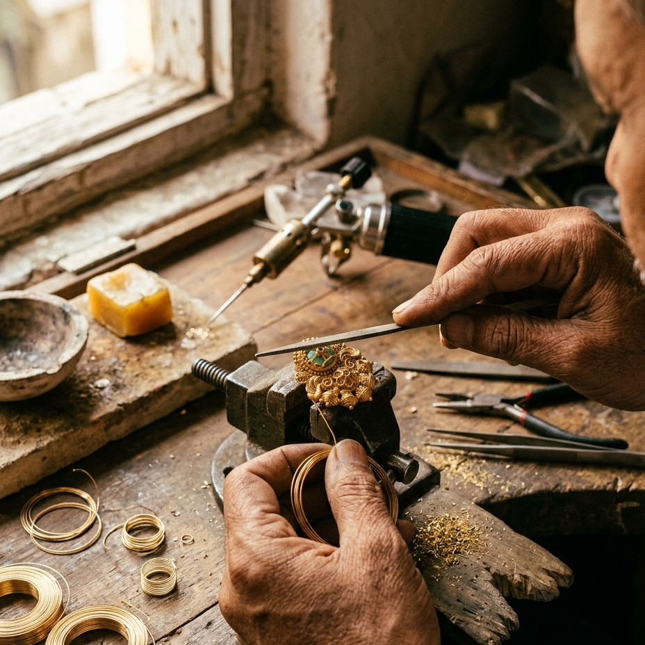 Close-up of a jeweler's hands working at a wooden workbench, using a torch and tools to craft a ring. Gold wire coils, a small metal bowl, and brass tools are visible on the rustic workbench near a window.