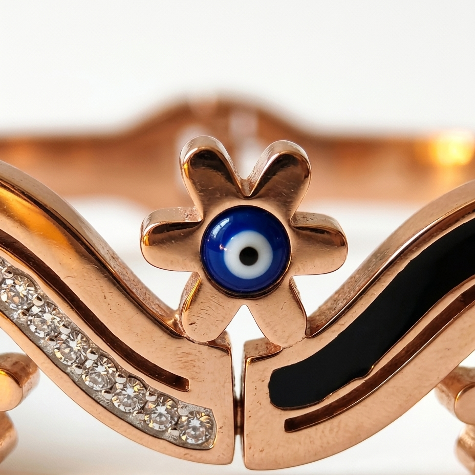 Close-up of a rose gold bangle bracelet featuring a central evil eye flower motif with blue, white, and black details, flanked by curved links with clear rhinestones and a black enamel inlay.