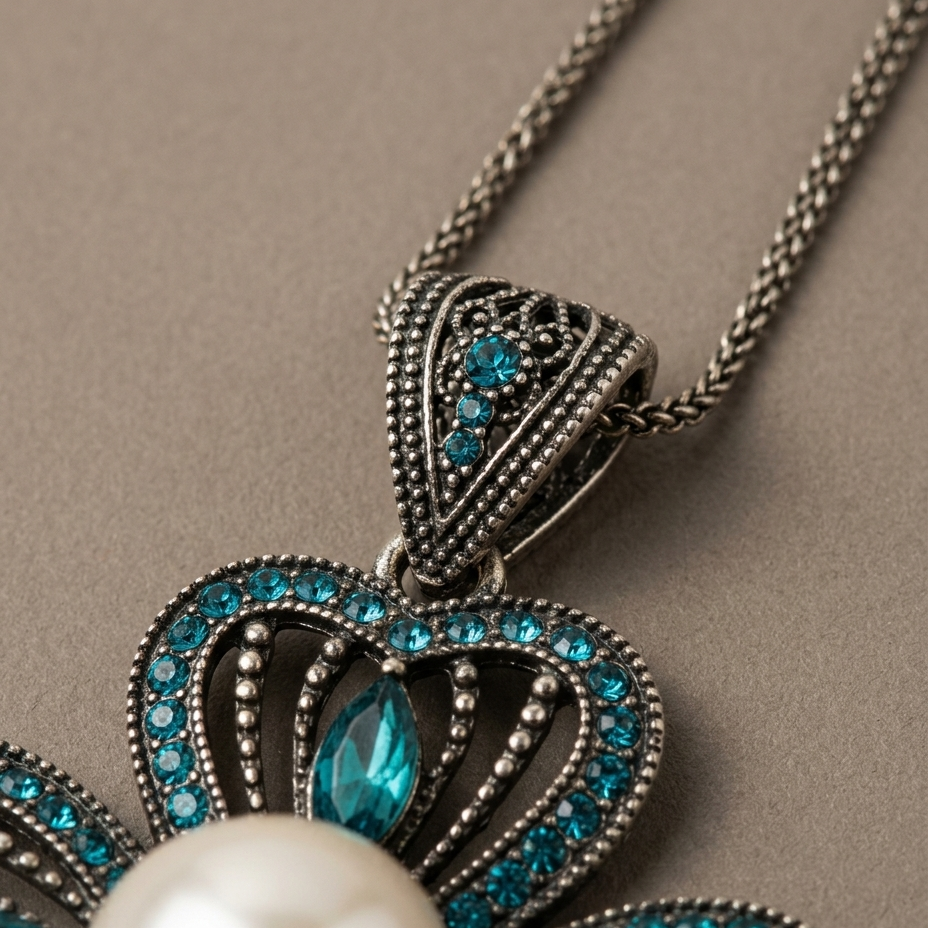 Close-up of a silver-toned pendant necklace with turquoise blue rhinestones and a large white pearl, shown on a neutral taupe background.
