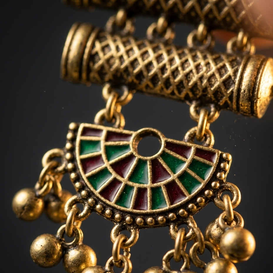 Close-up of an ornate gold-toned jewelry piece with a fan-shaped enamel inlay in green and burgundy, hanging dangling gold beads below, set against a dark background.