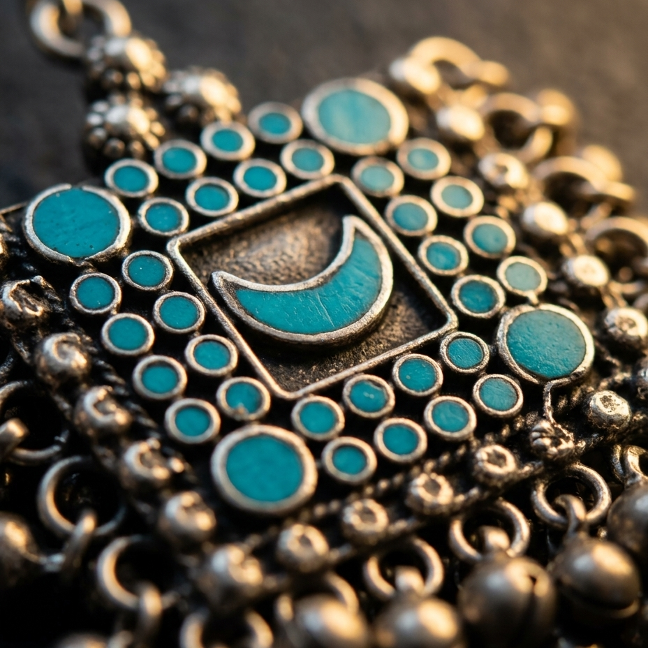 Close-up of an ornate silver-toned pendant with turquoise blue enamel details, featuring a crescent moon motif in the center surrounded by circular and square accents.