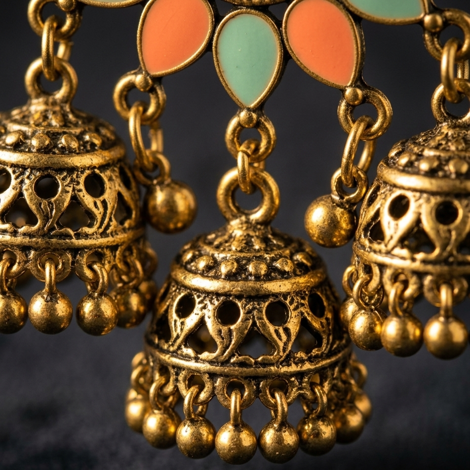 Close-up of ornate gold-toned dangling earrings with filigree bell-shaped charms and small bead drops, set against a dark textured background.