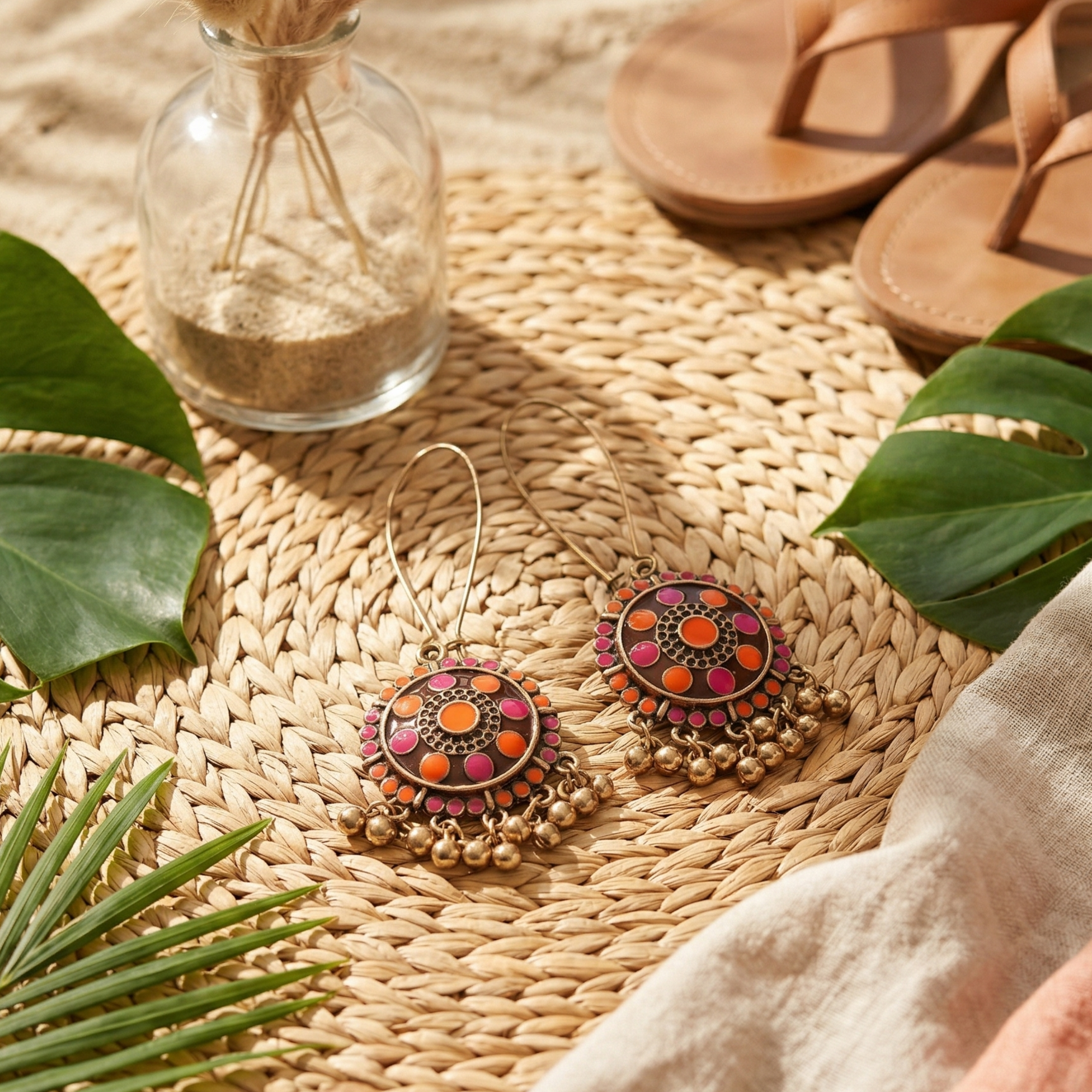 Colorful orange and pink enamel drop earrings with antique gold finish by Yugavi
