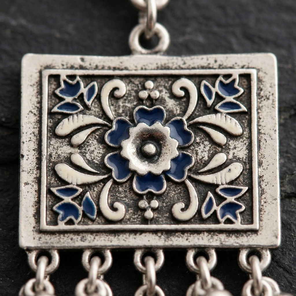 Detail of Yugavi Arita starburst disc stud — round oxidised silver disc with radiating geometric starburst mandala engraving from a central polished dome, push-back stud closure, deep oxidised finish