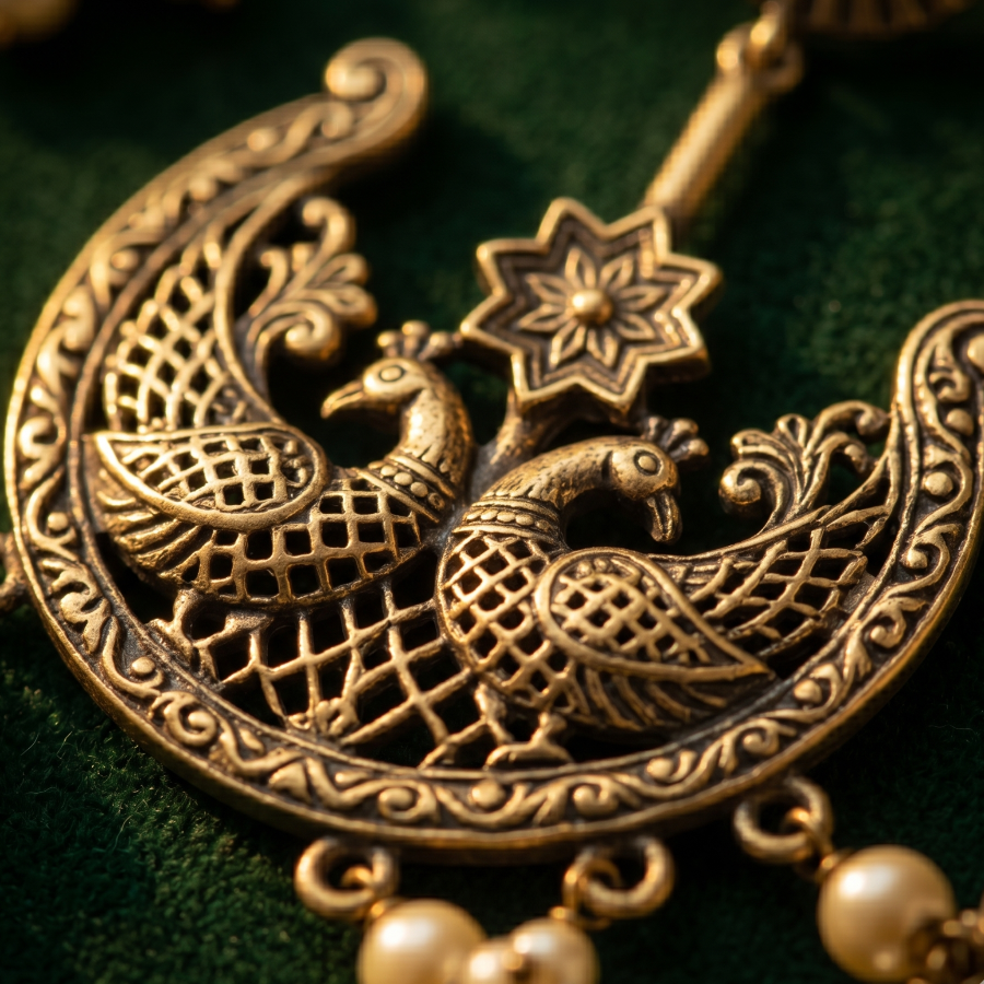 Bronze peacock design on a green background