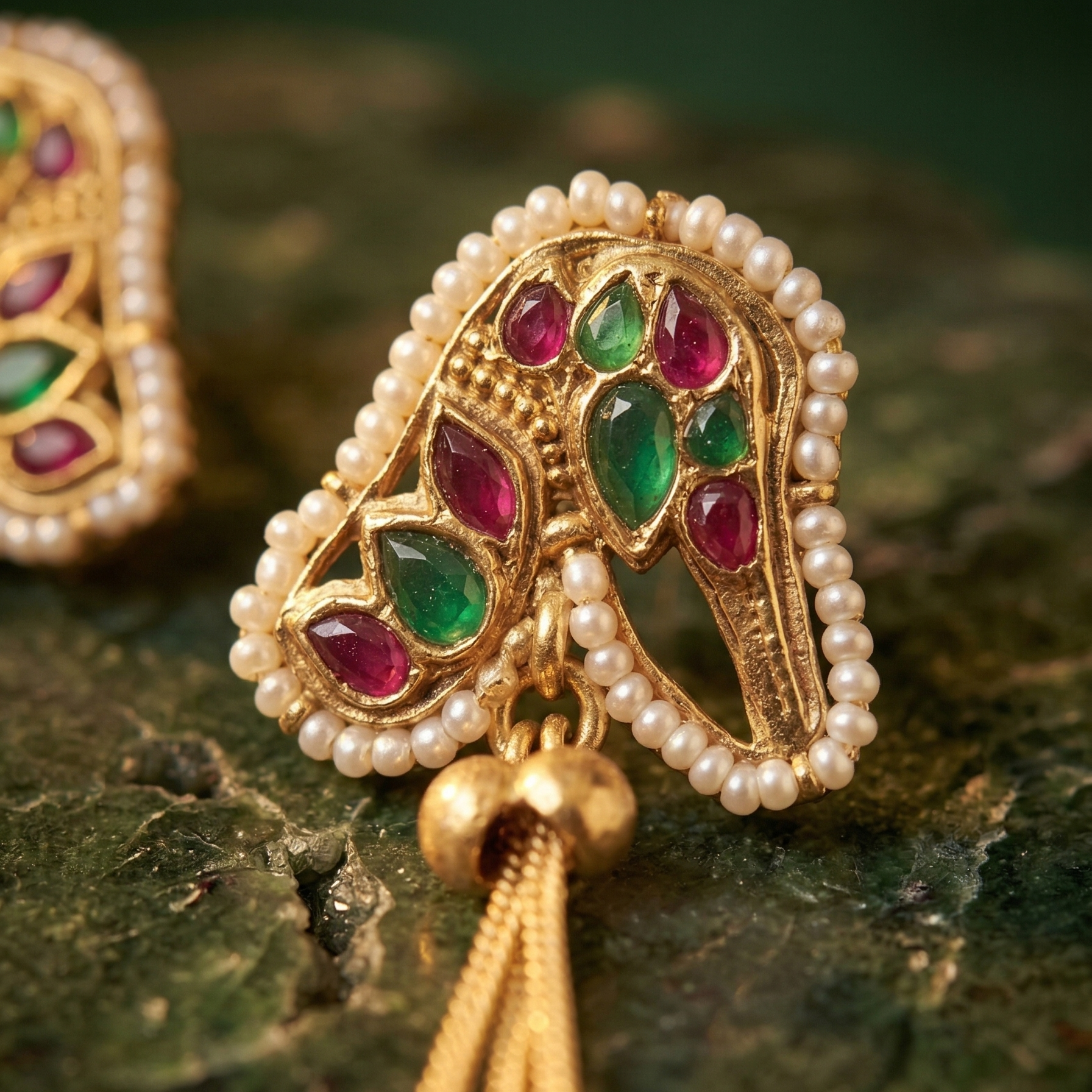 Detail of Yugavi Jhankaar earring drop — three graduated gold snake chains with clusters of tiny gold ghungroo bells at varying lengths, antique gold finish, inspired by Indian classical dance jewellery