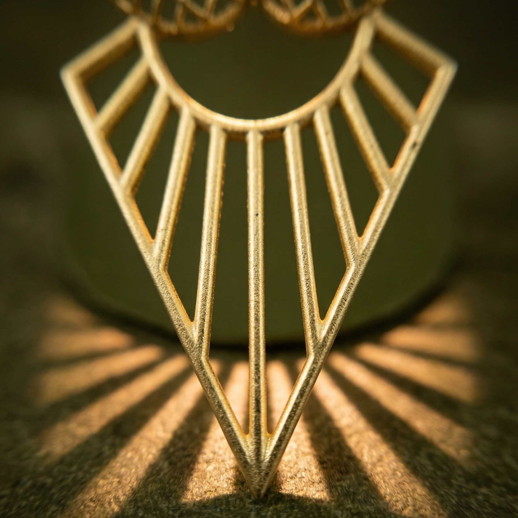 Detail of Yugavi Kirana open-work triangular drop pendant — radiating gold lines fanning from pointed tip to wide upper edge creating a sun-ray geometric pattern with negative space, gold polish finish, art deco Indian jewellery