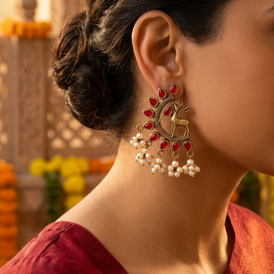 Close-up of a woman wearing a traditional earring with red stones and pearls, with a blurred background.