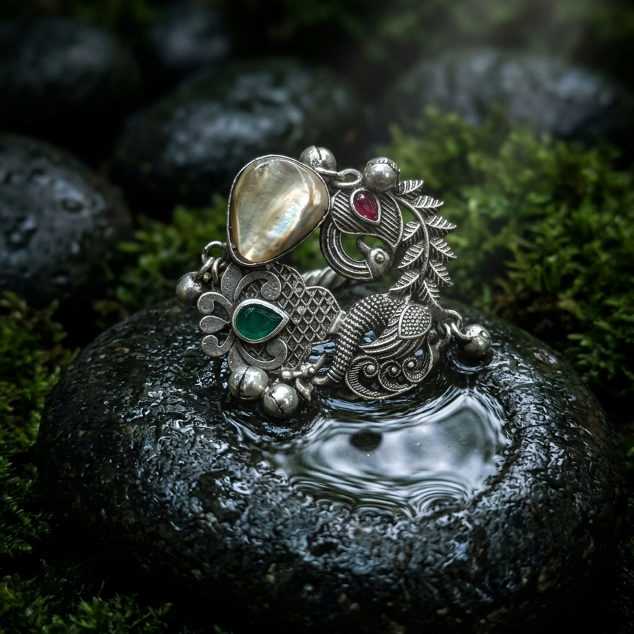 Detail of Yugavi Matsya ring band face — Matsya fish in scaled oxidised silver relief beside textured peacock with feather detailing and leaf scroll surround, fine Indian silverwork in antique finish