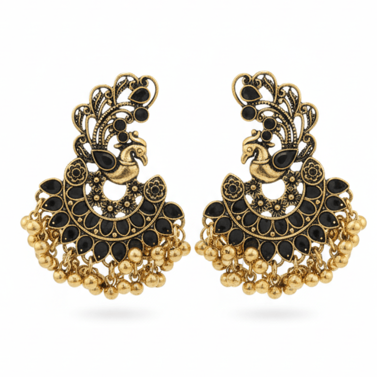 Detail of Yugavi Priyana crescent base and fringe — wide antique gold crescent fan with black teardrop stones in every petal position and open-work floral motifs, with graduated gold ghungroo ball drops hanging from the lower edge