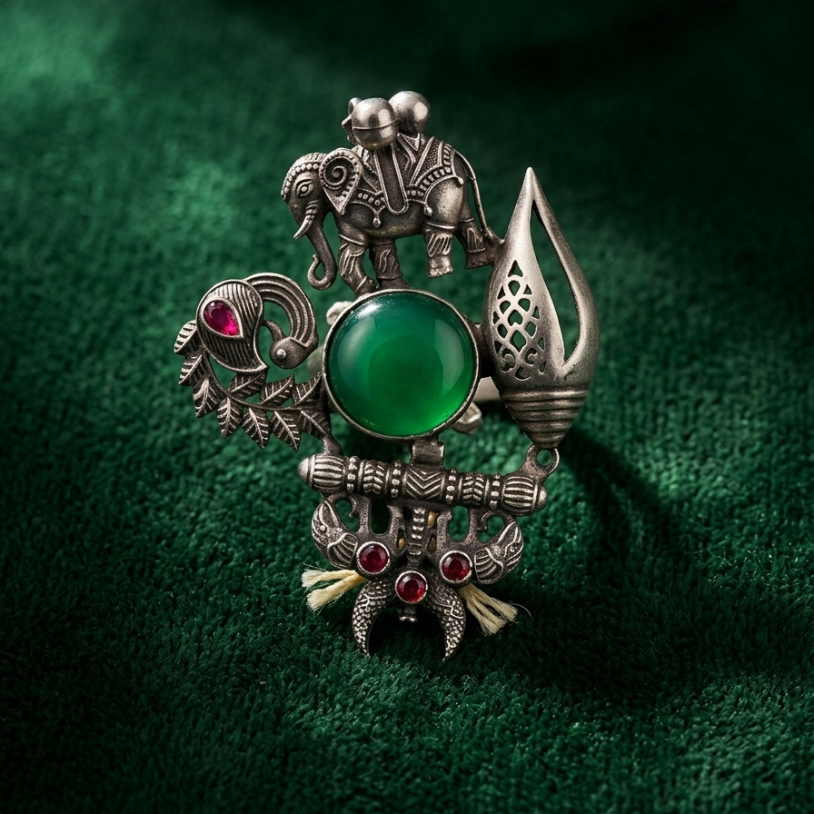 Detail of Yugavi Shambhu pendant — large luminous jade green round cabochon at centre with caparisoned elephant and mahout standing above it in fine oxidised silver relief, Shiva Parivar sacred jewellery composition