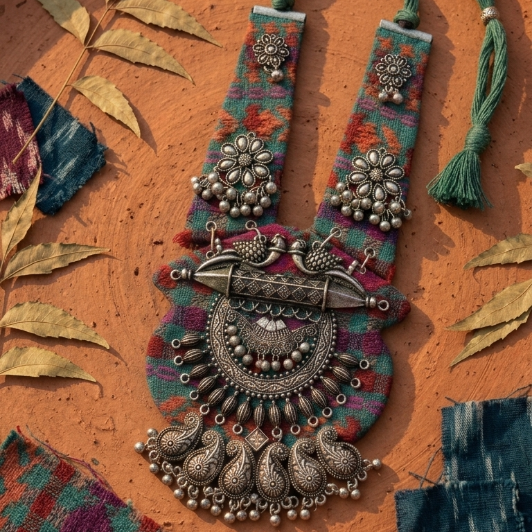 A bohemian-style handmade textile and metal jewelry piece displayed on a terracotta plate with dried leaves and fabric swatches. The piece features a colorful patterned fabric base with intricate silver-toned metal filigree, tassels, and hanging beads.