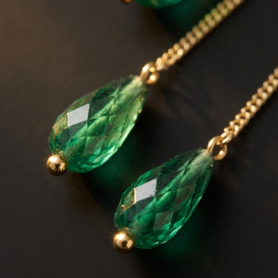 Faceted green teardrop beads on gold chains, photographed close-up against a dark background.