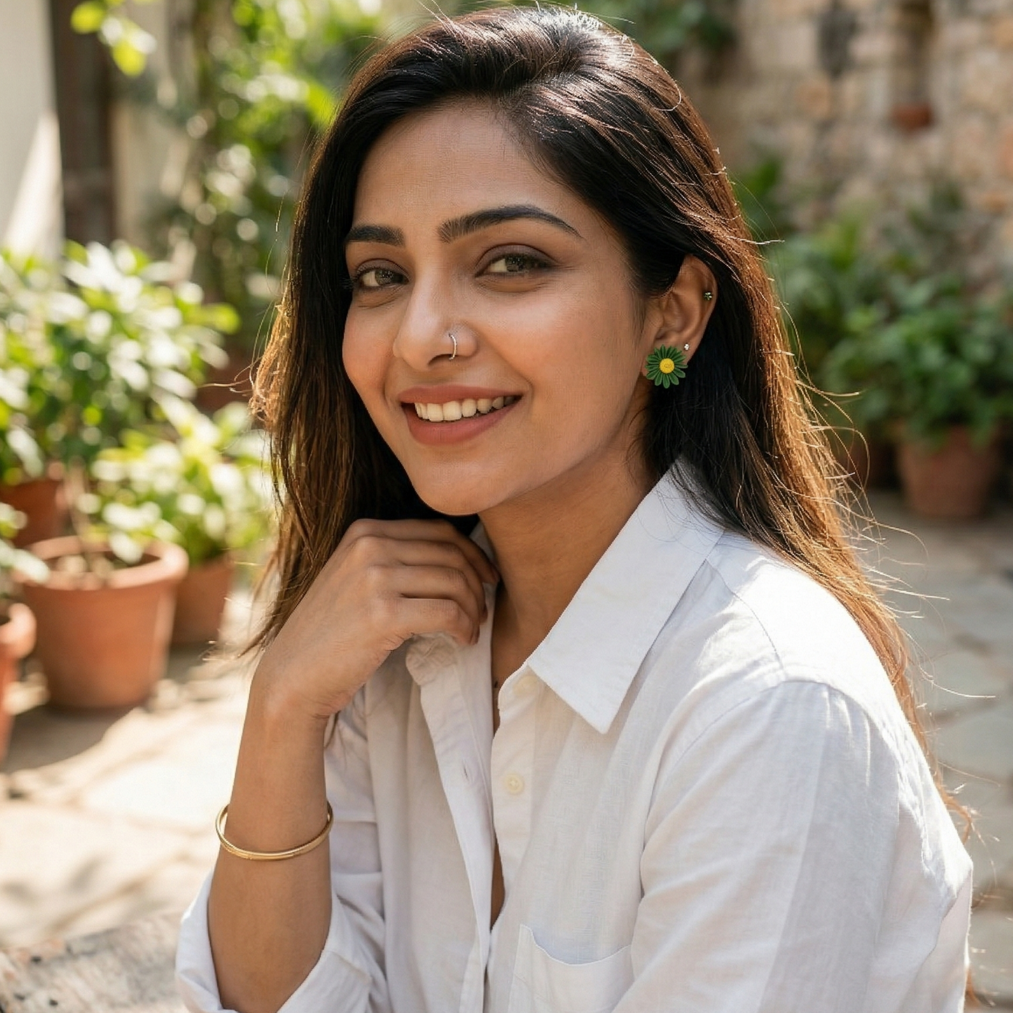 Forest Green Daisy Stud Earrings | Yellow Centre Flower Earrings | Matte Finish | House of Yugavi