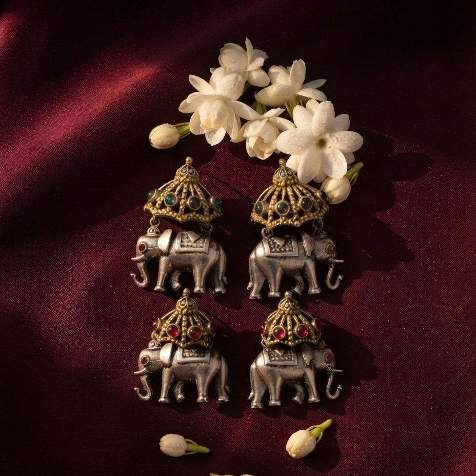 Four silver-toned elephant-shaped earrings with ornate gold-toned crowns and red gemstone accents, arranged on a deep burgundy fabric background with white flowers.