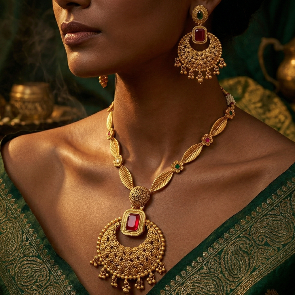 Full Yugavi Chandbali Haar Set flat lay showing long paan bead antique gold necklace with dori closure, large filigree crescent pendant with ruby red stone, and matching chandbali earrings — House of Yugavi