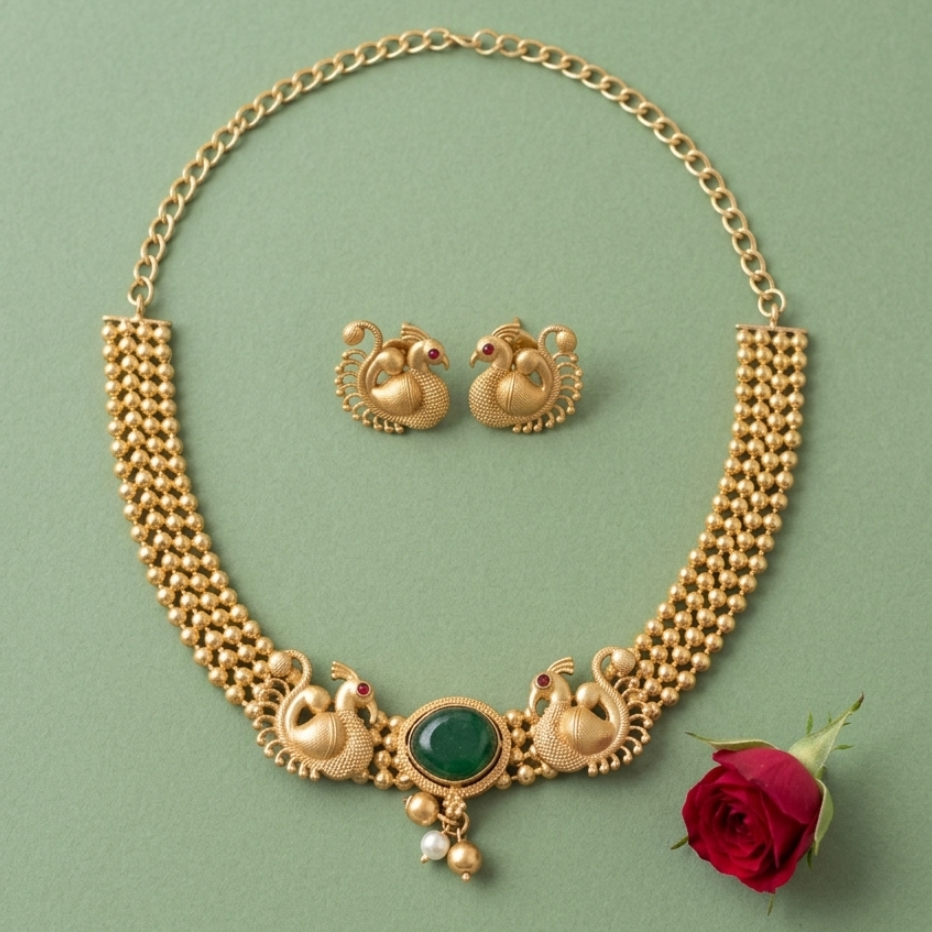 Full overhead view of Yugavi Mayura Emerald antique gold temple choker necklace showing lobster clasp chain extender, wide latticed bead body, facing peacock centrepiece with emerald cabochon and three pearl drops, with matching ruby-eyed earrings