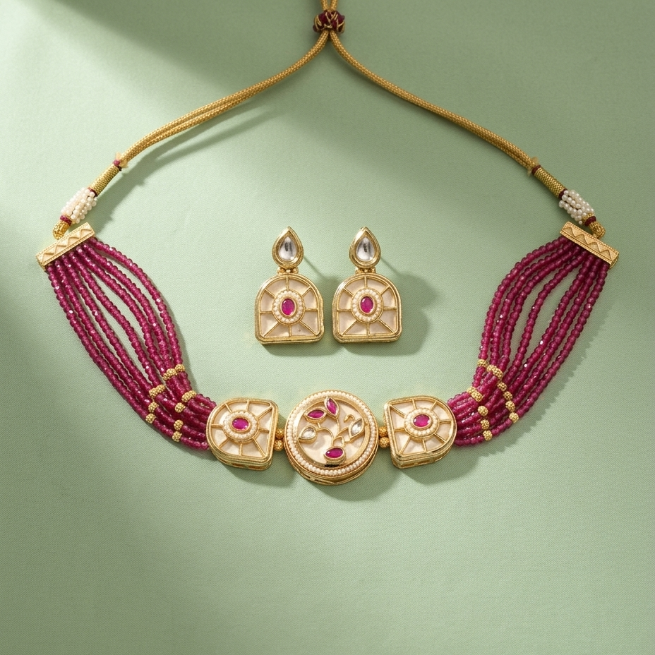 Gold-plated Indian jewelry set featuring a multi-strand necklace with deep magenta beaded strands and three central decorative gold medallions, accompanied by matching drop earrings, displayed on a soft sage green background.