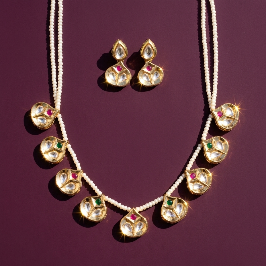 Gold-plated Kalka jewelry set featuring a necklace and matching earrings with clear stones, pink and green accent stones, and white bead strands, arranged on a deep purple background.