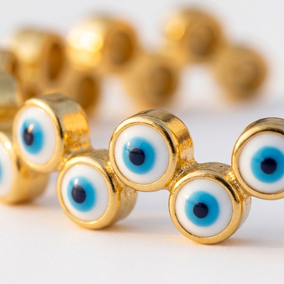 Gold-plated evil eye charm bracelet with white enamel, blue irises, and black pupils, shown in a close-up macro shot on a white background.
