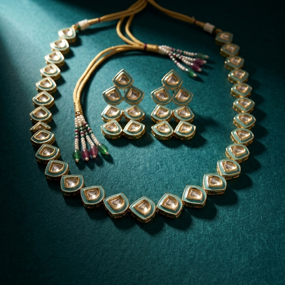 Gold-tone Indian kumkum jewelry set including a necklace and matching earrings, featuring small teardrop-shaped stones with green enamel borders and colorful beaded tassels, displayed on a dark teal velvet surface.