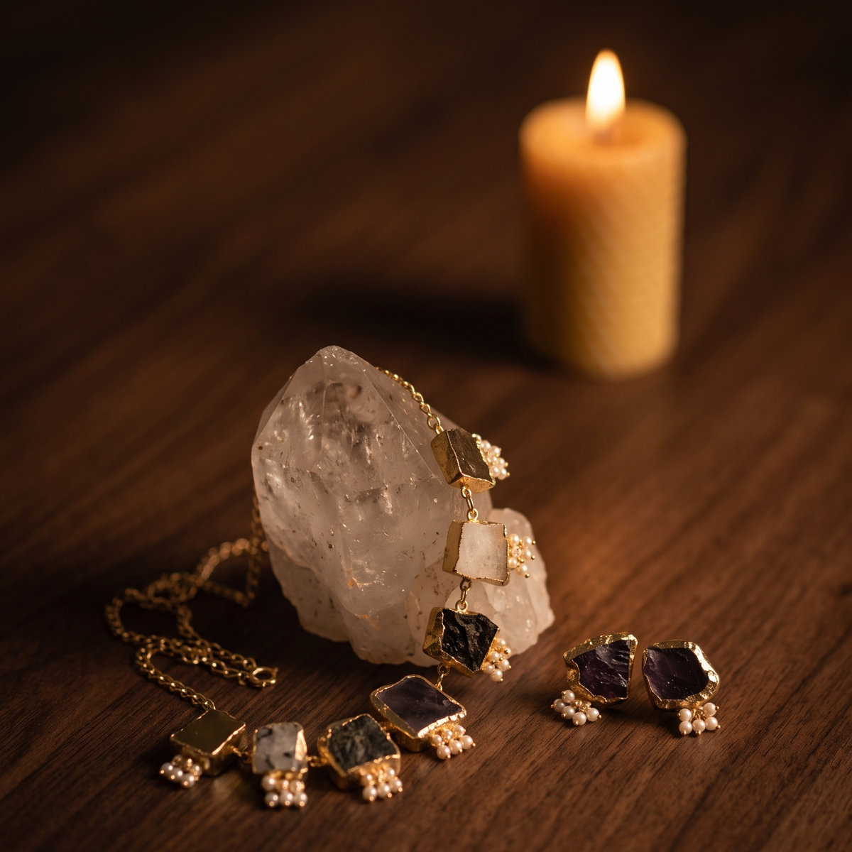 Gold-toned jewelry set displayed on a dark wooden surface, including a necklace, earrings, and a bracelet, arranged around a clear crystal cluster with a lit candle in the background.