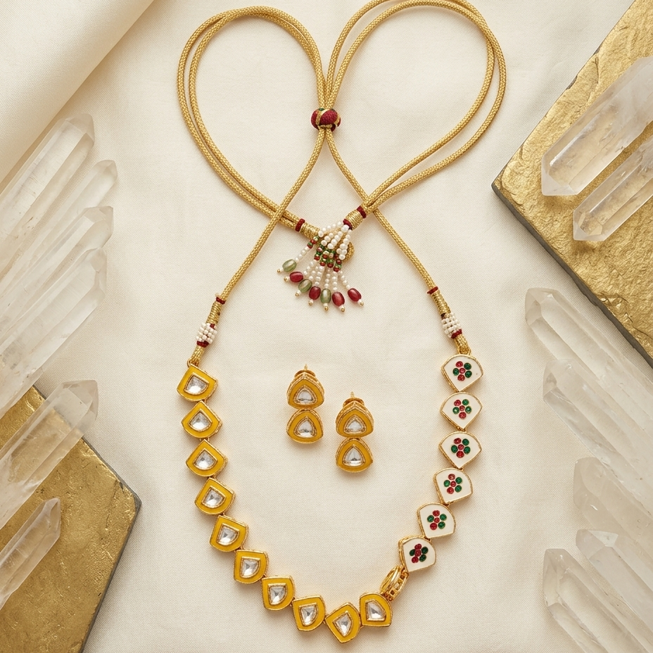 Gold-toned jewelry set laid flat on a cream fabric background, including a long beaded necklace with a heart-shaped loop at the top, matching gold earrings, and decorative crystal props with gold and wood accents around the edges.
