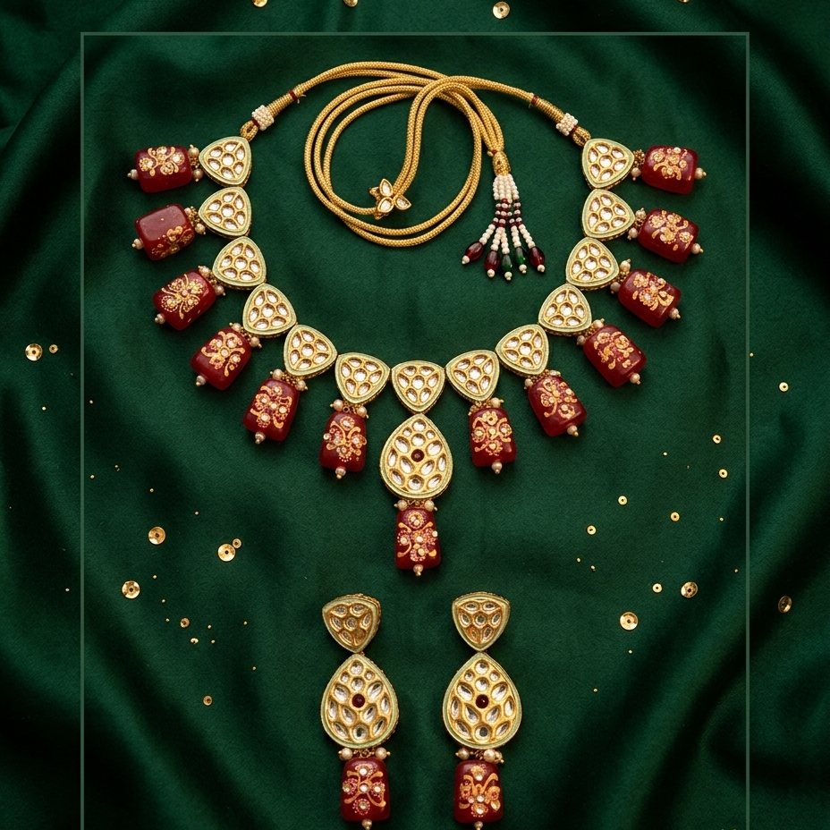 Gold-toned traditional jewelry set featuring a necklace with red and gold bead details, matching drop earrings, and a coordinating cord with tassel, arranged on a dark green satin fabric background with scattered gold sequins.