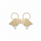 Gold earrings with geometric design and pearl accents on a white background
