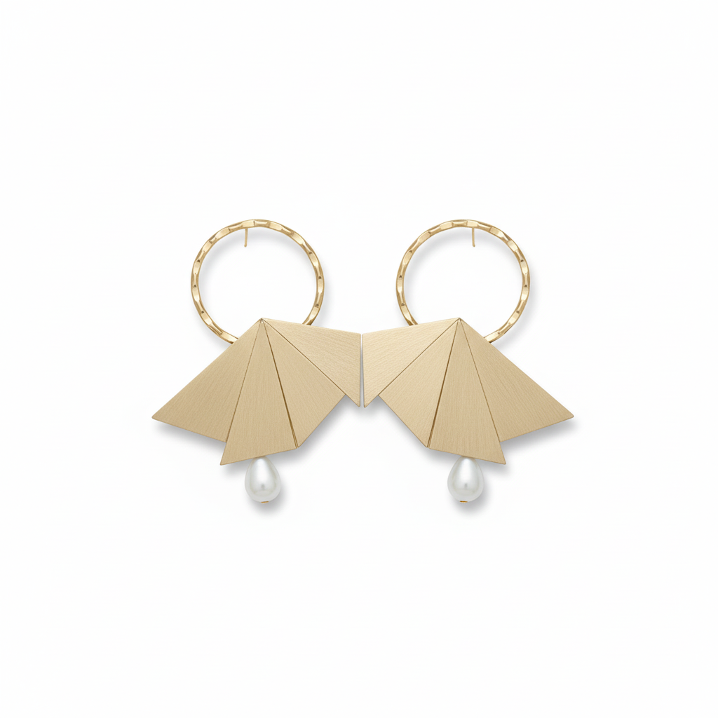 Gold earrings with geometric design and pearl accents on a white background