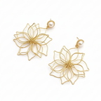 Gold floral earrings on a white background