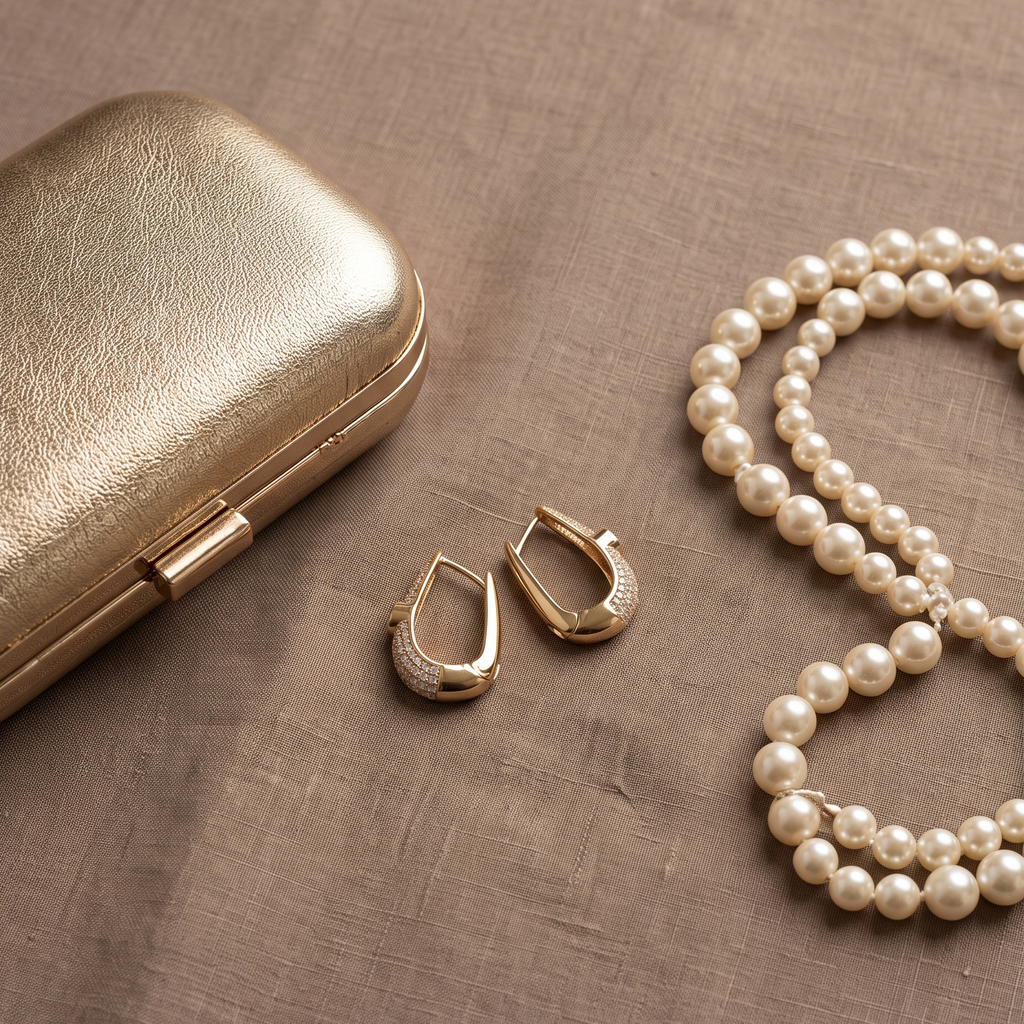 Gold hoop earrings displayed on a textured taupe surface next to a gold case and a pearl necklace.