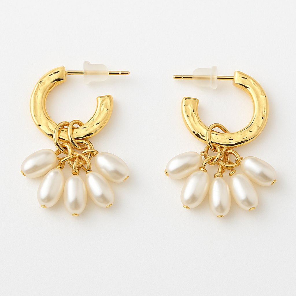 Gold hoop earrings with pearl drop cluster design, elegant and minimal artificial jewellery by Yugavi