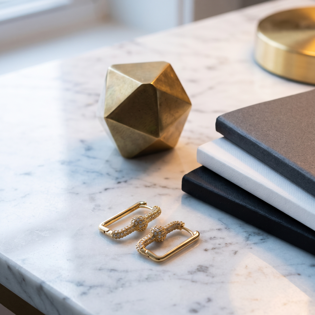Gold huggie hoop earrings with pavé-set clear stones, styled on a white marble tabletop next to a gold geometric vase and stacked black and white notebooks.