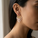 Gold huggie hoop earrings with pink rose quartz bead cluster by House of Yugavi