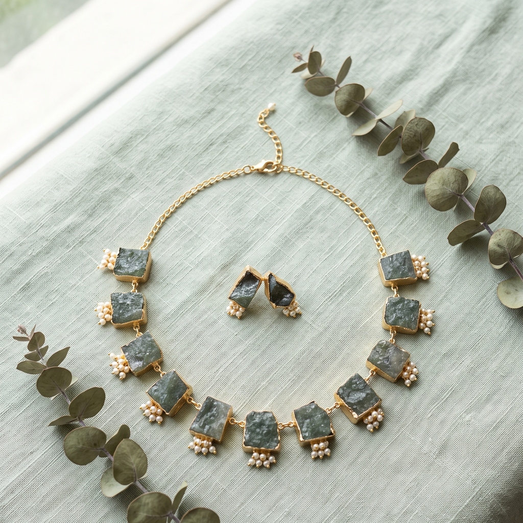 Gold jewelry set with rectangular dark green stone pieces and small pearl-like accents, arranged on a pale sage fabric with eucalyptus leaves.