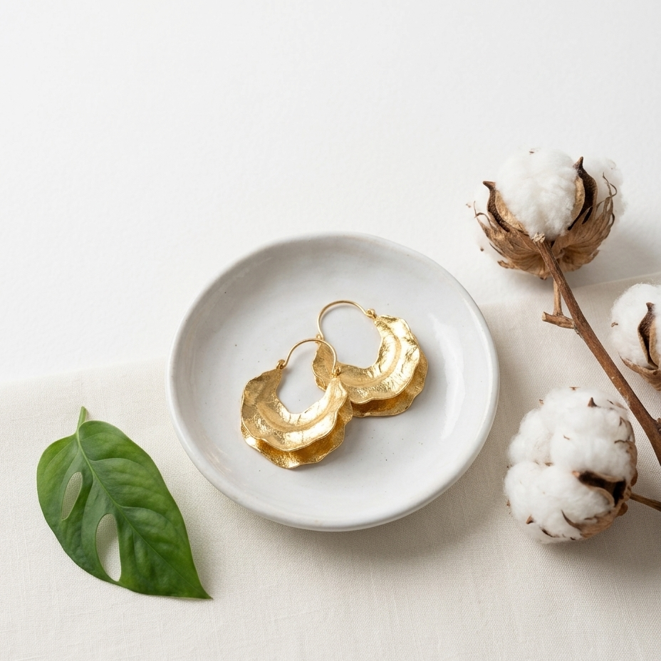 Gold leaf-textured hoop earrings displayed on a small white ceramic dish, styled with a green leaf and cotton bolls on a light beige fabric background.