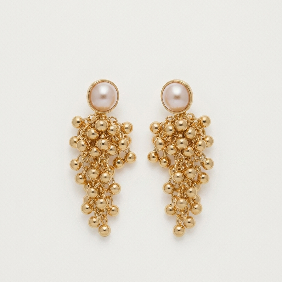 A pair of gold-toned statement dangle earrings featuring a round pearl at the top and cascading clusters of small gold beads below, displayed on a clean off-white background.