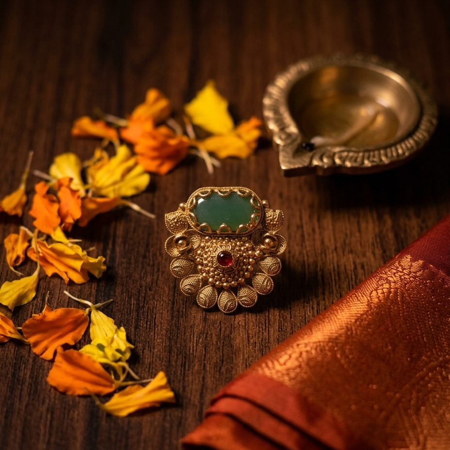 An ornate gold-toned traditional Indian ring with a green stone and red accent, styled on a dark wooden surface with orange and yellow flower petals, a brass diya, and a folded rust-colored fabric.