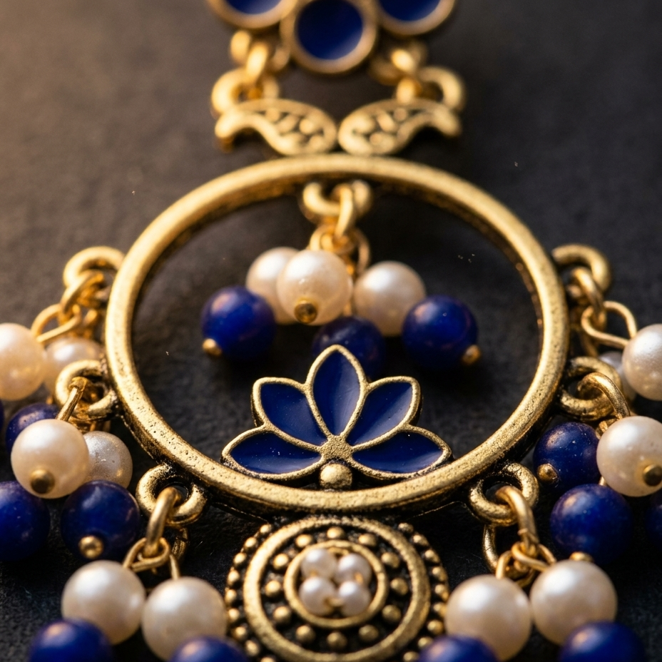 Handcrafted antique gold chandbali with pearl and blue bead drops