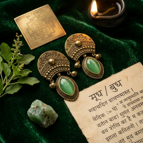 A pair of ornate antique bronze earrings with oval green stone centers, arranged on a dark green velvet surface with a lit diya, a brass plate, a small green stone, and a piece of paper with text.