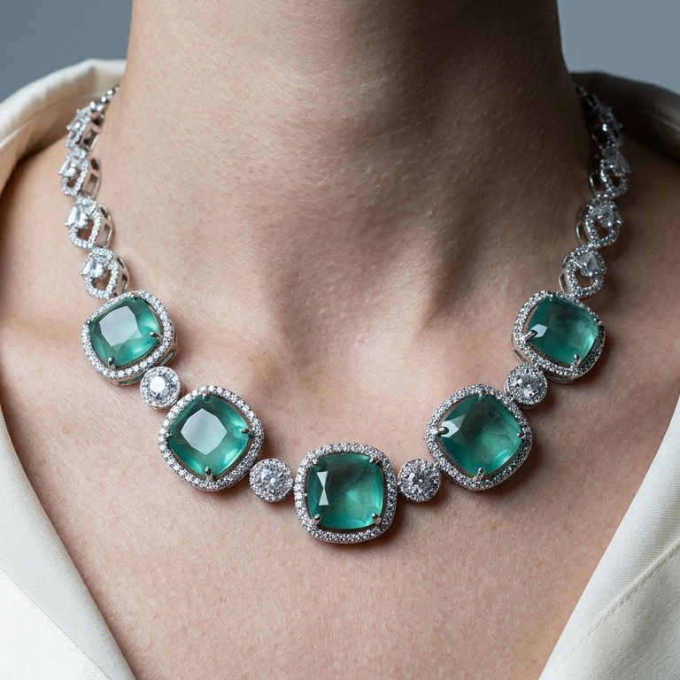 A close-up of a model wearing a silver-toned necklace featuring seven large emerald-cut green gemstones and small clear accent stones, styled with a cream-colored blouse.