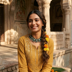 A woman wearing a mustard yellow embroidered kurta with a green beaded necklace and orange marigold flower garlands, sitting in a stone courtyard with traditional architecture in the background.