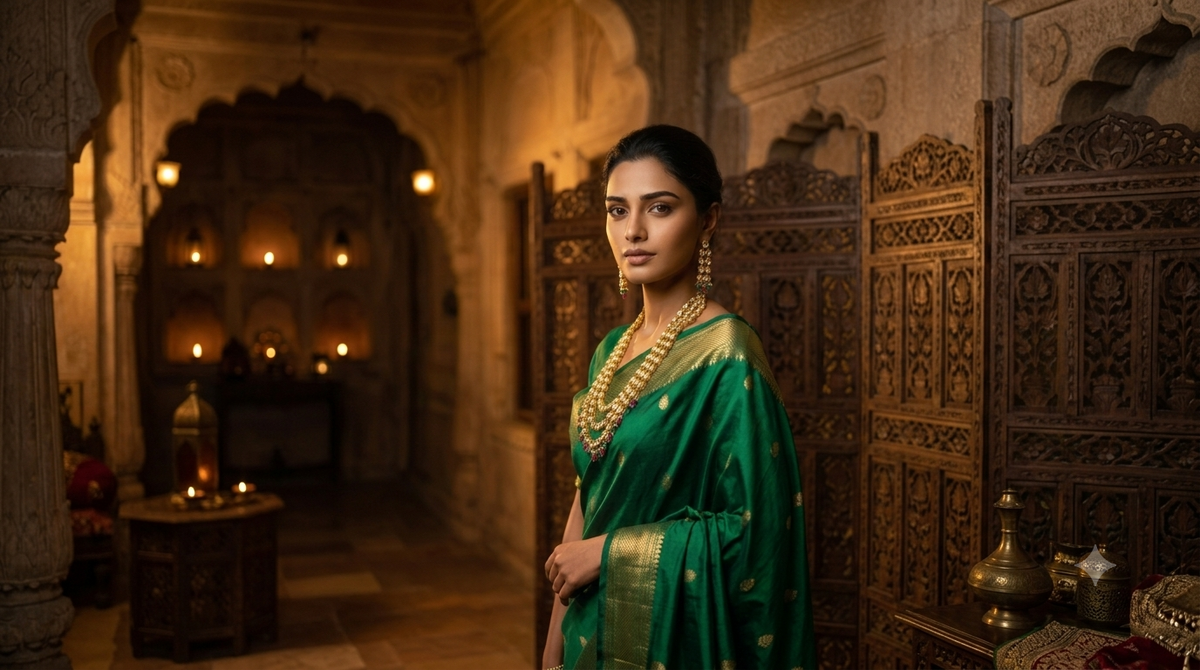 A woman wearing a rich green saree with gold zari embroidery stands in an ornate, dimly lit historical interior with carved wooden screens and warm candlelight.